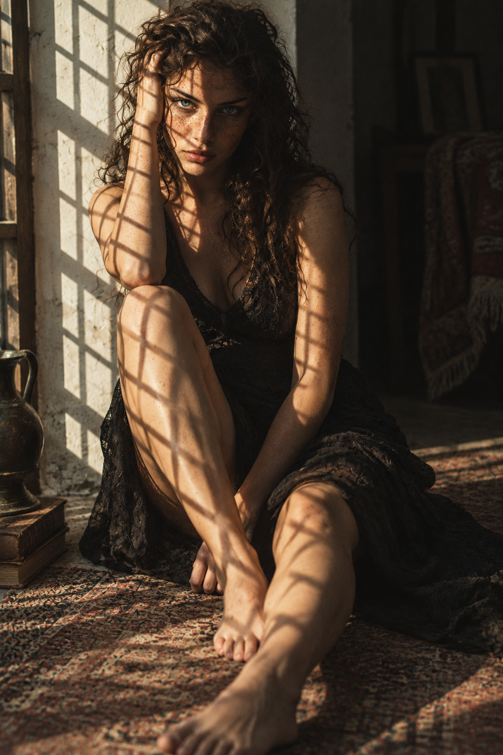 Woman with curly freckled hair sits on a woven rug as window grille shadows fall across her in warm golden light