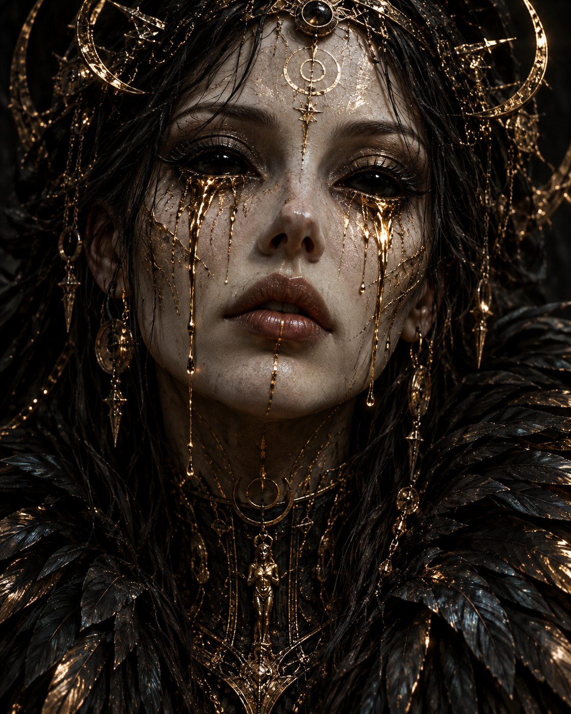 Close up portrait of a dark fantasy goddess with streaming golden tears, ornate gold regalia and black feather cloak
