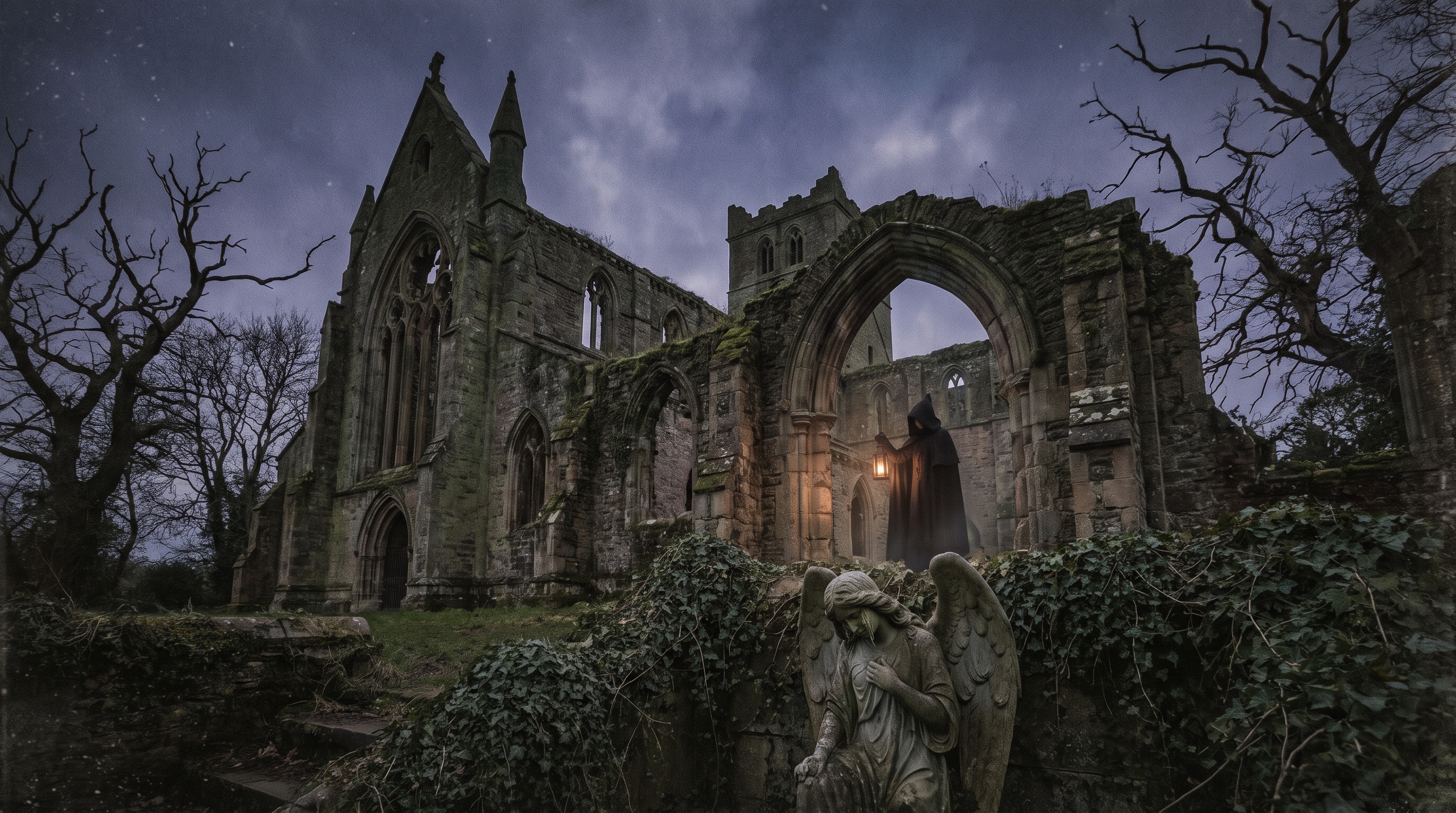 Hooded lantern-holding figure stands in ruined gothic abbey beside a weathered angel statue at dusky twilight