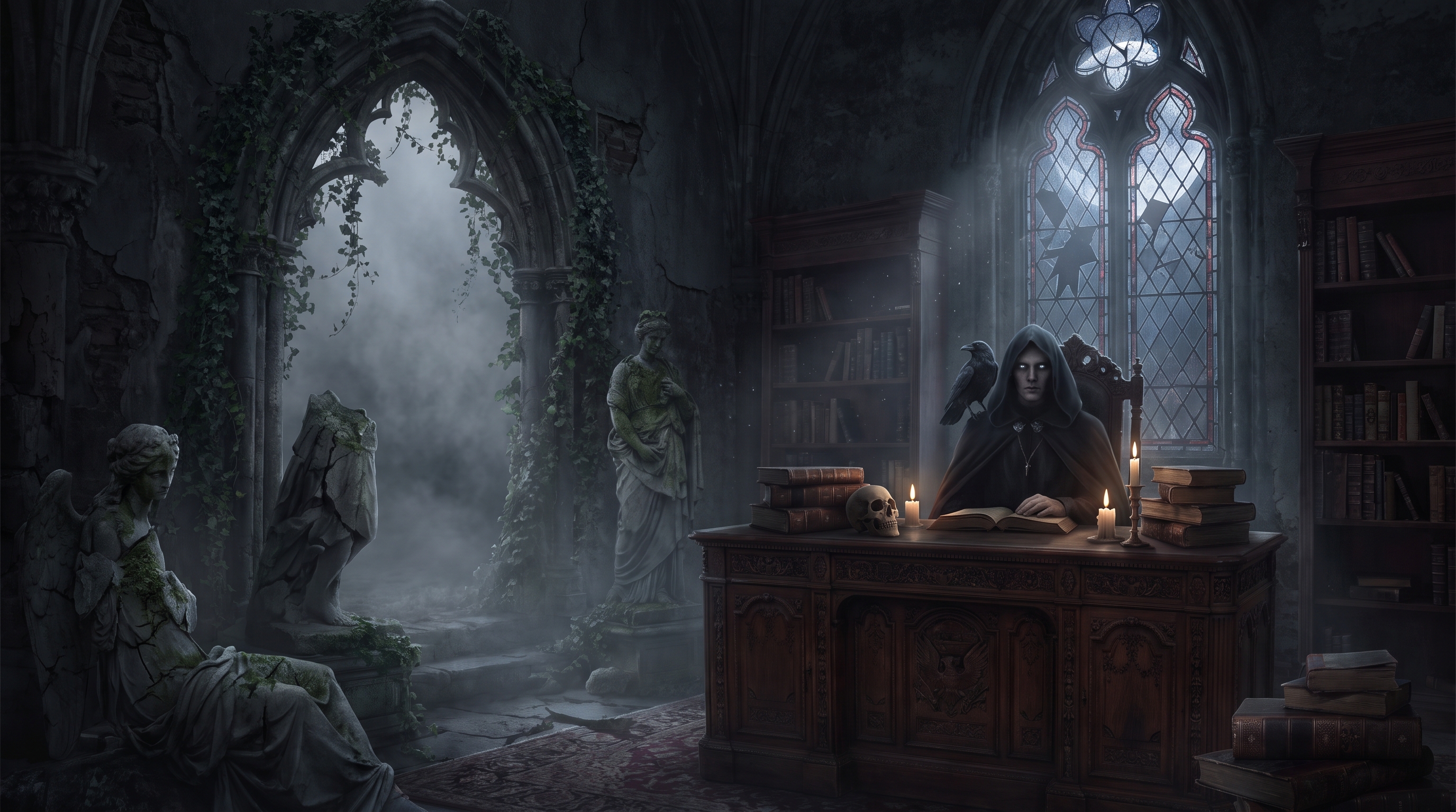 Hooded robed occult scholar sits at a candlelit desk inside a foggy crumbling gothic abbey study