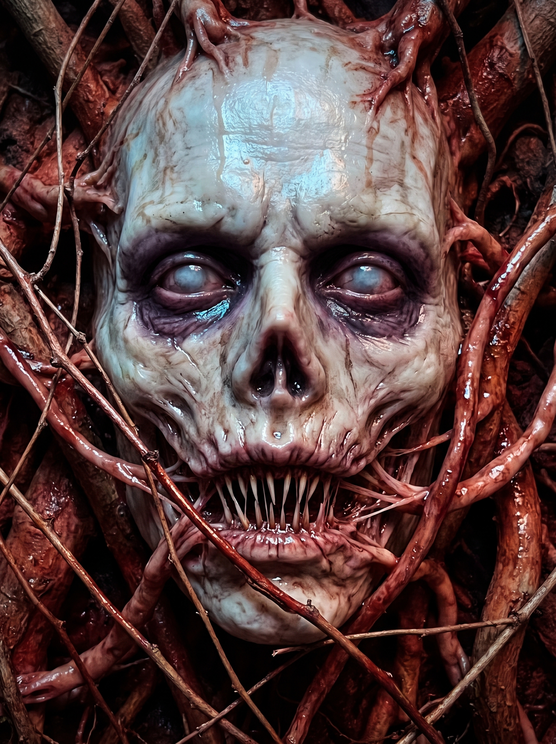 Grotesque pale undead face with sharp teeth tangled — AI art by ...