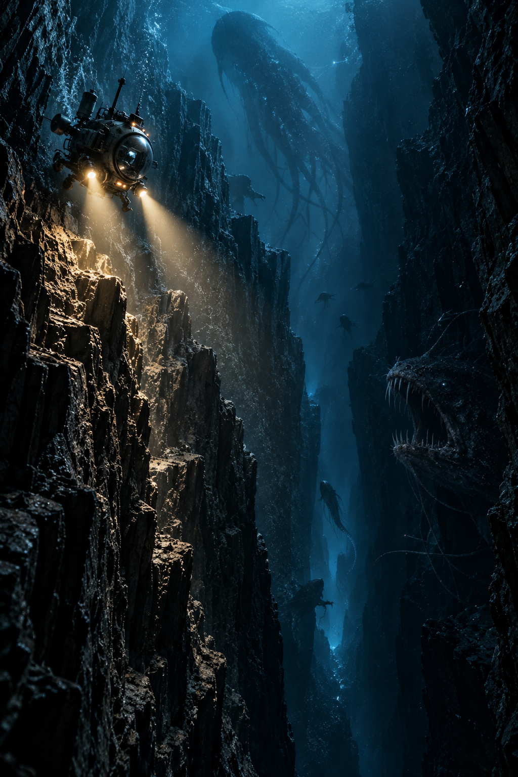 Illuminated deep sea submersible explores an ocean trench surrounded by menacing abyssal sea monsters