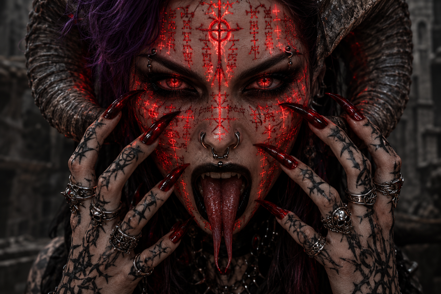 Horned demonic woman with glowing red occult runes — AI art by ...