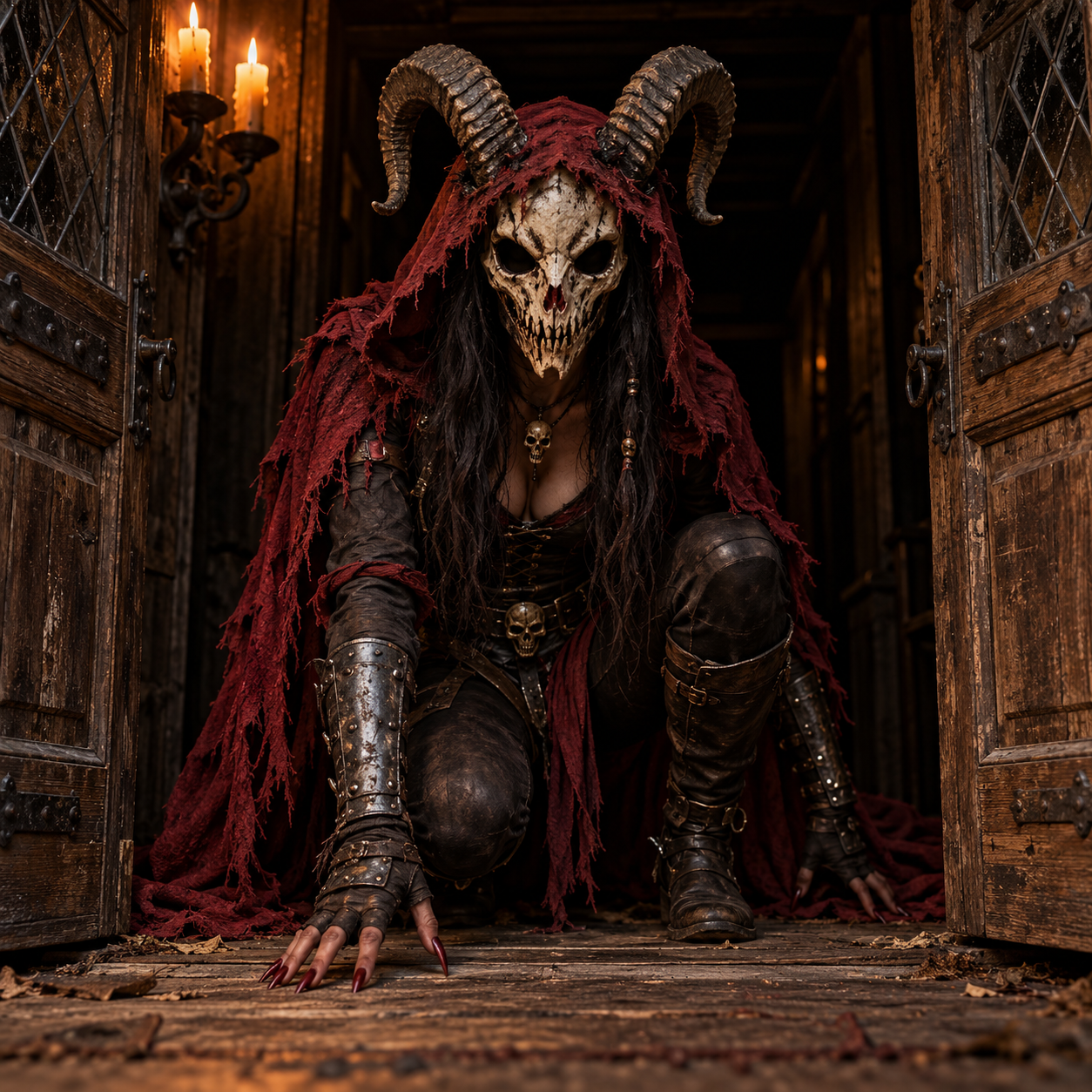 Horned skull masked occult figure crouching in a candlelit old wooden doorway