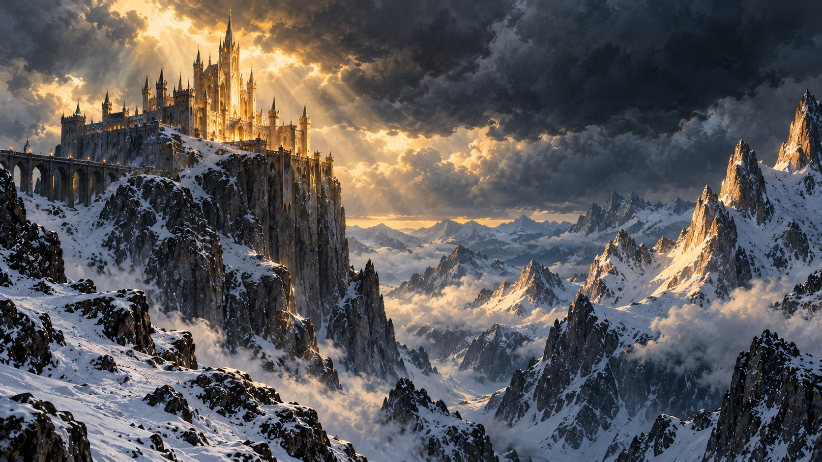Glowing spired fantasy castle perches on a sheer snow-covered mountain peak under dramatic sunbeams