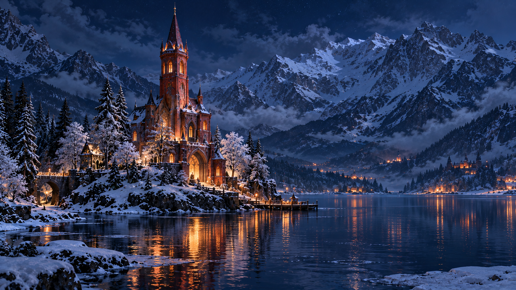 Glowing fairytale castle on a snowy lakeshore, reflected in calm water below snow-capped winter mountains at night