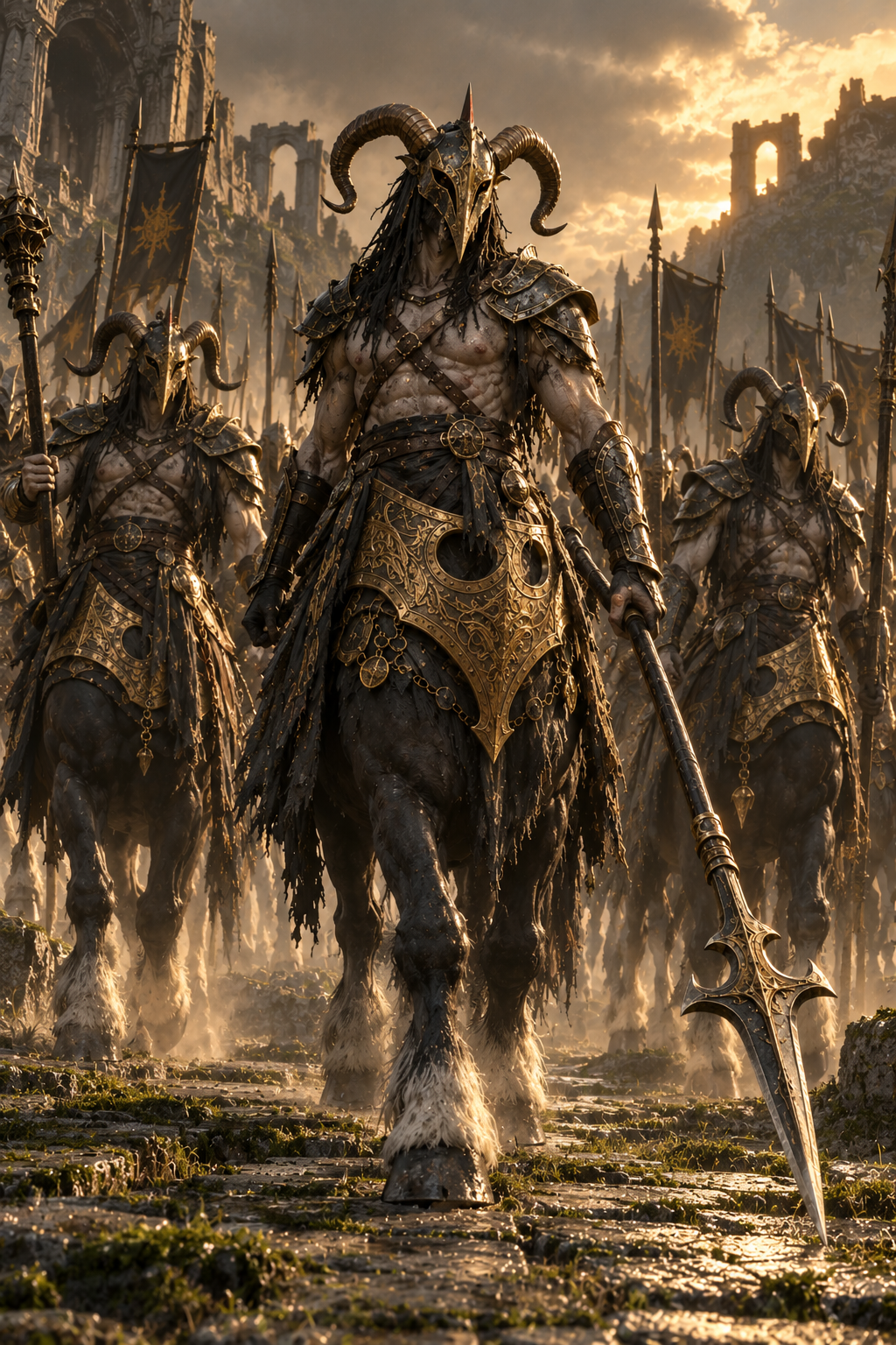 Armored horned centaur warriors march across mossy stone ruins at dramatic golden sunset