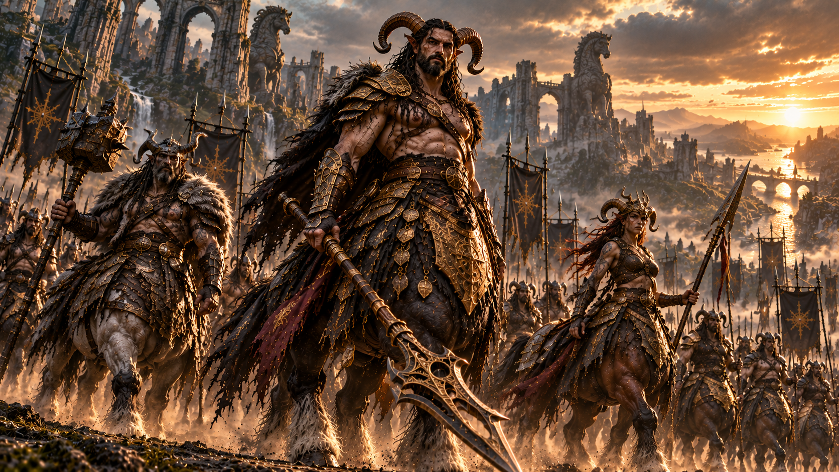 Armored horned centaur warrior army marches before ancient fantasy castle ruins at golden sunset