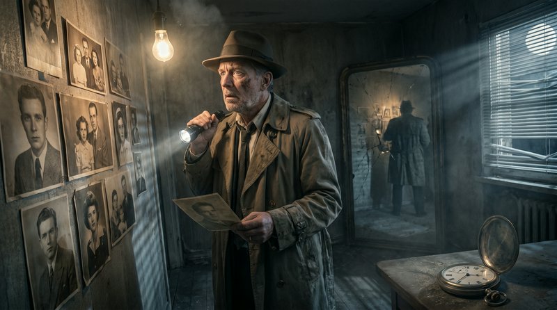 A grizzled vintage detective holds a flashlight and old photo, investigating a dim abandoned room lined with faded portraits.