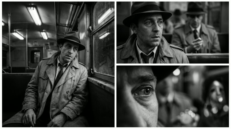 [Black and white triptych of film noir detective in a fedora riding a vintage subway, three sequential cinematic shots]