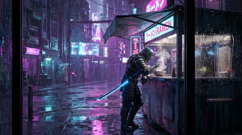 [Armored cyberpunk samurai with glowing katana eats ramen at a neon street stall in rainy futuristic Tokyo]