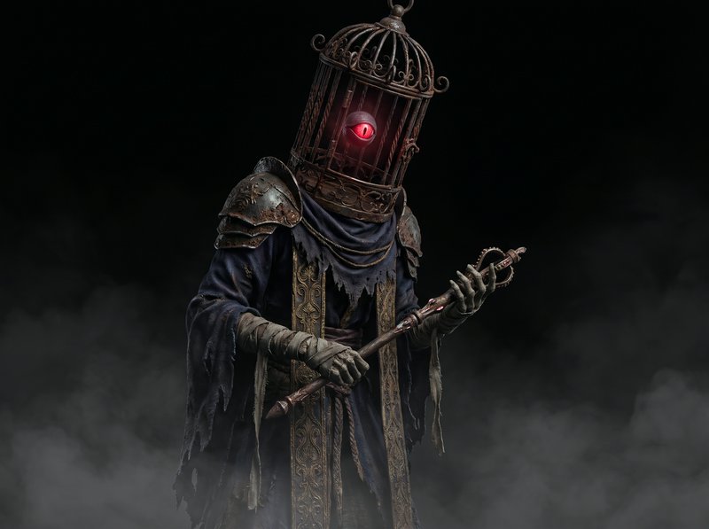 [Undead dark fantasy sorcerer with birdcage helmet, glowing red eye, and staff stands in misty shadow]