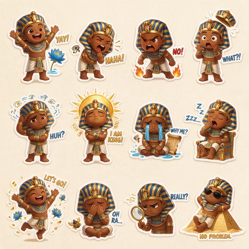 Sheet of cute chibi-style ancient Egyptian pharaoh stickers, each showing a unique playful emotional expression with