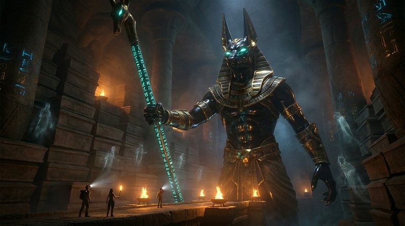 [Towering ornate Anubis guardian statue looms over small explorers in a misty, torch-lit ancient Egyptian tomb with floati...
