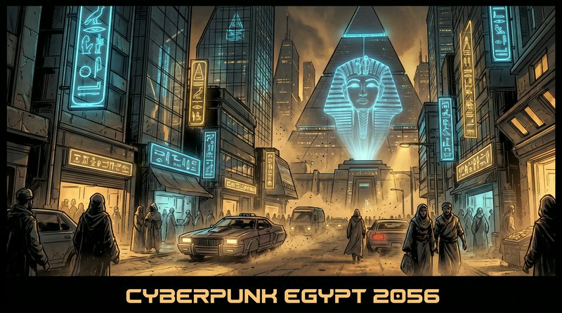 [Cyberpunk Egypt 2056 concept art of a bustling futuristic city street with glowing hieroglyph neon signs and a holographi...