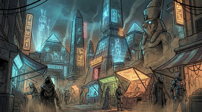 [Comic art of a cyberpunk ancient Egyptian street market with glowing neon hieroglyphs, pyramids, robed figures, and andro...