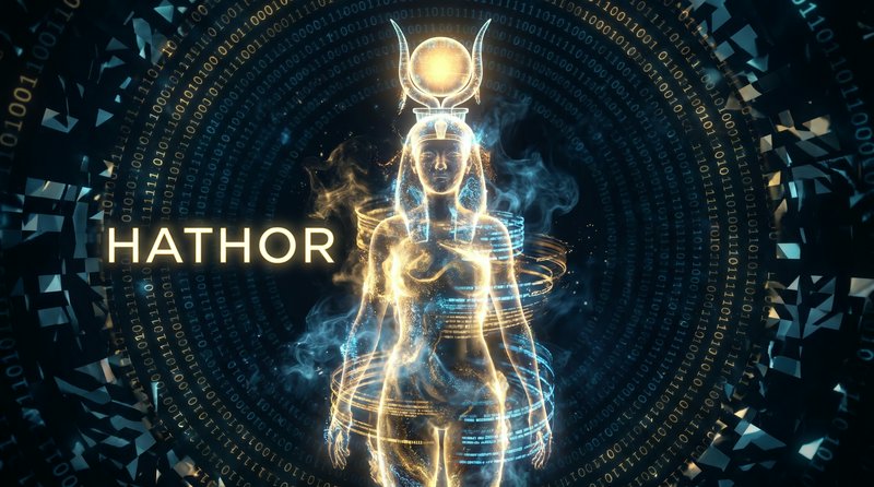 [Glowing ethereal hologram of Egyptian goddess Hathor, framed by swirling binary code rings with illuminated "HATHOR" text...