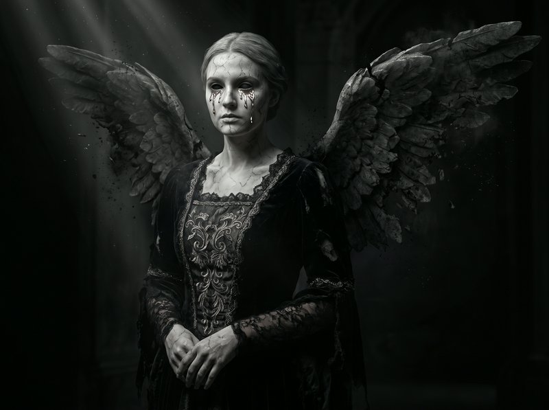 [Haunting gothic weeping angel figure with cracked skin, tattered dark wings, and metallic tears stands in dim shafted ove...