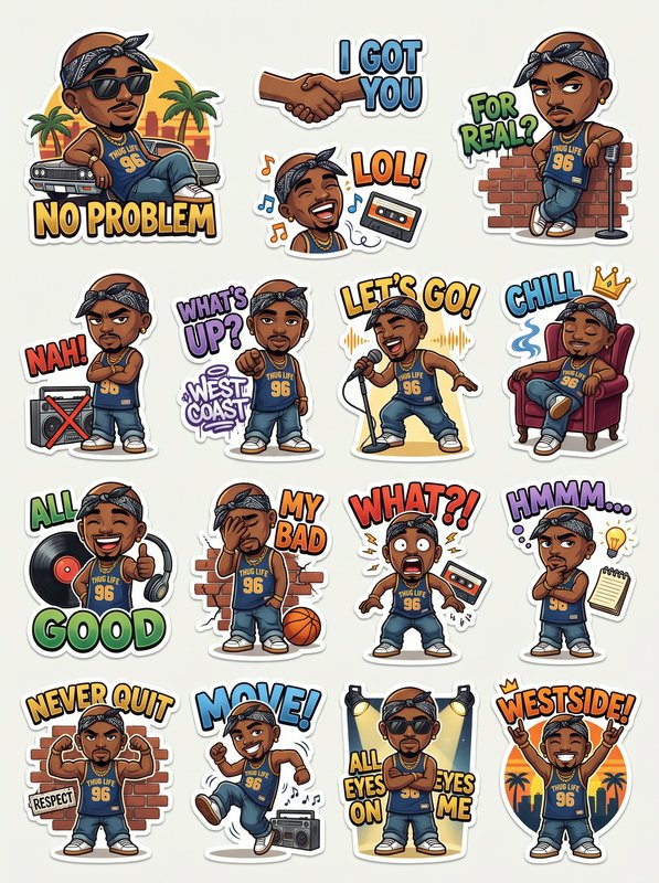 Collection of chibi West Coast hip hop artist reaction stickers with fun conversational phrases and retro 90s music motifs