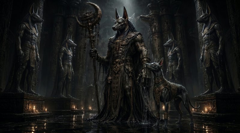 Armored Egyptian god Anubis holds a crescent staff beside a jackal familiar in a dim, candle-lit ancient temple lined
