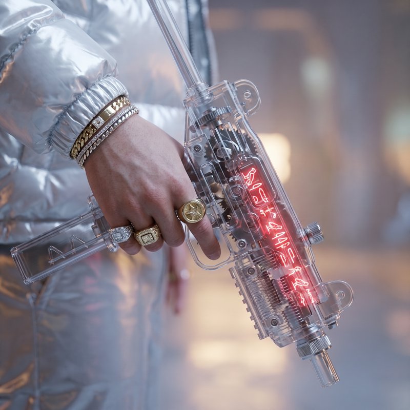 Close-up of a jeweled hand holding a transparent neon-lit futuristic gadget, wearing a shiny silver puffer jacket.