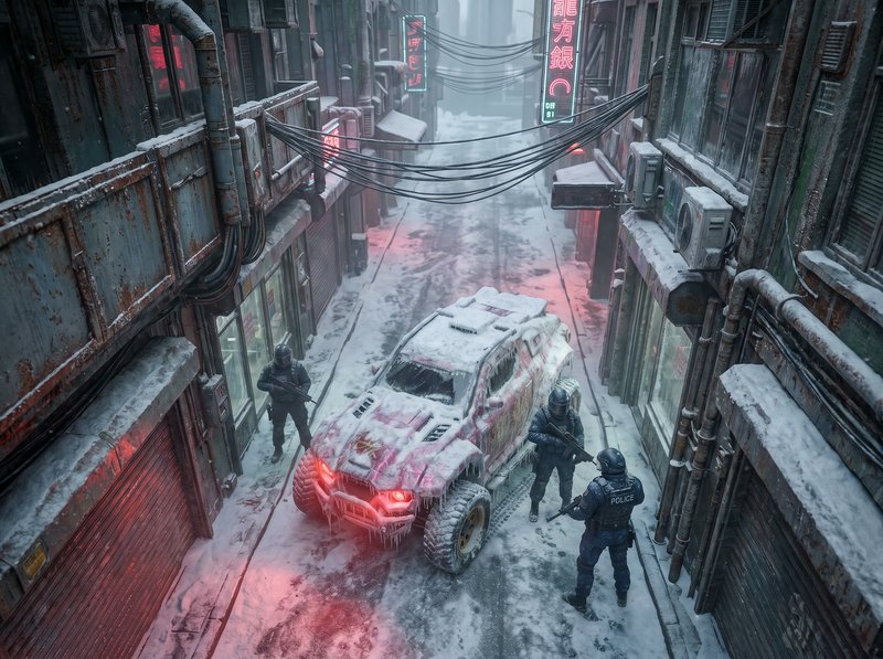 Overhead shot of tactical police beside an ice-covered armored SUV in a foggy, snow-covered cyberpunk alley with glowing n...