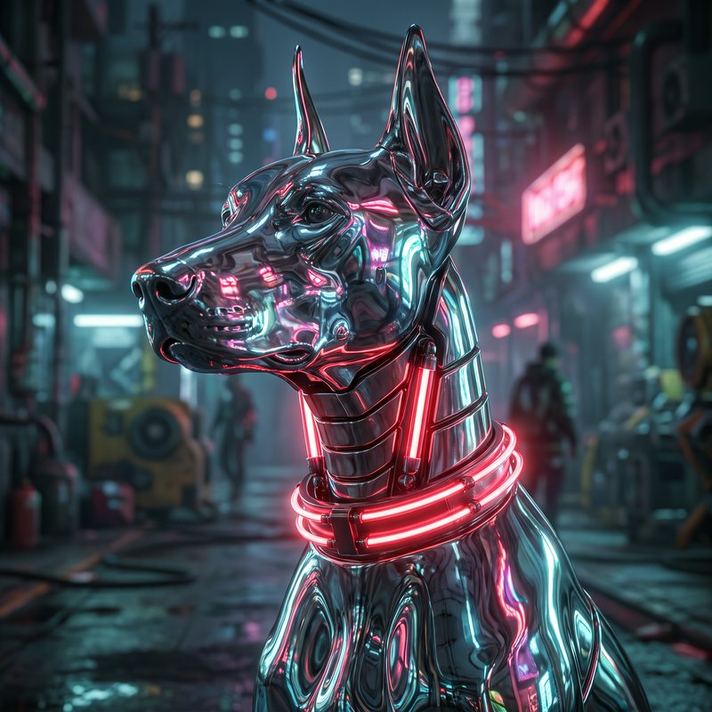 [Glossy chrome robotic Doberman with glowing red neon accents stands in a foggy neon-lit cyberpunk city alley at night]