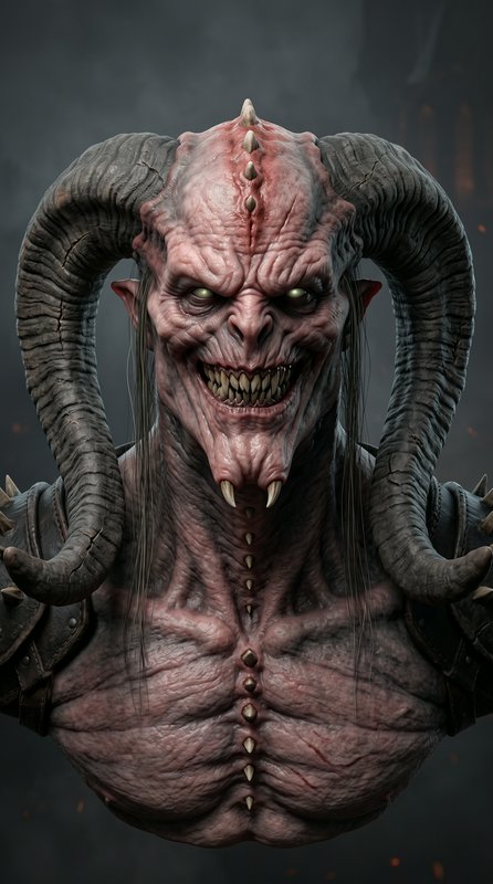 Close-up portrait of a menacing horned demon with glowing eyes, sharp fangs, and large curved ram horns against a dark fog...