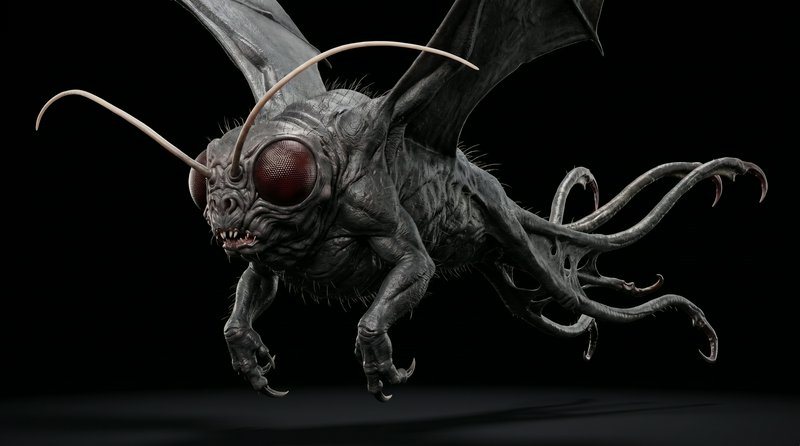 [Menacing insectoid fantasy monster with wings, giant red compound eyes, and tentacles against a solid black background]