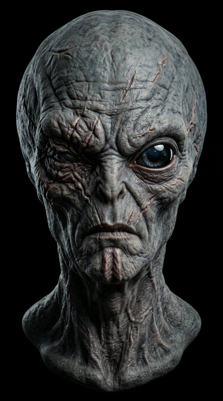 Hyperrealistic bust portrait of a wrinkled scarred grey alien with large dark eyes against a solid black background.