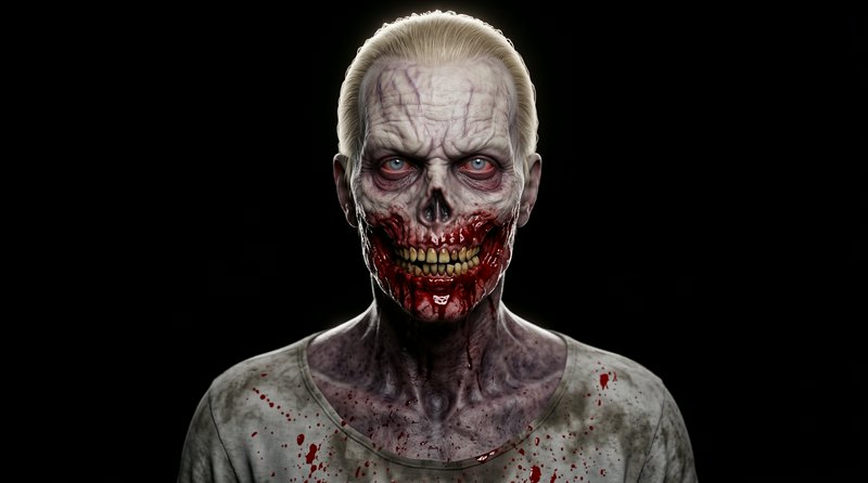 Hyperrealistic grinning blood-covered undead zombie portrait, isolated against a plain black background.