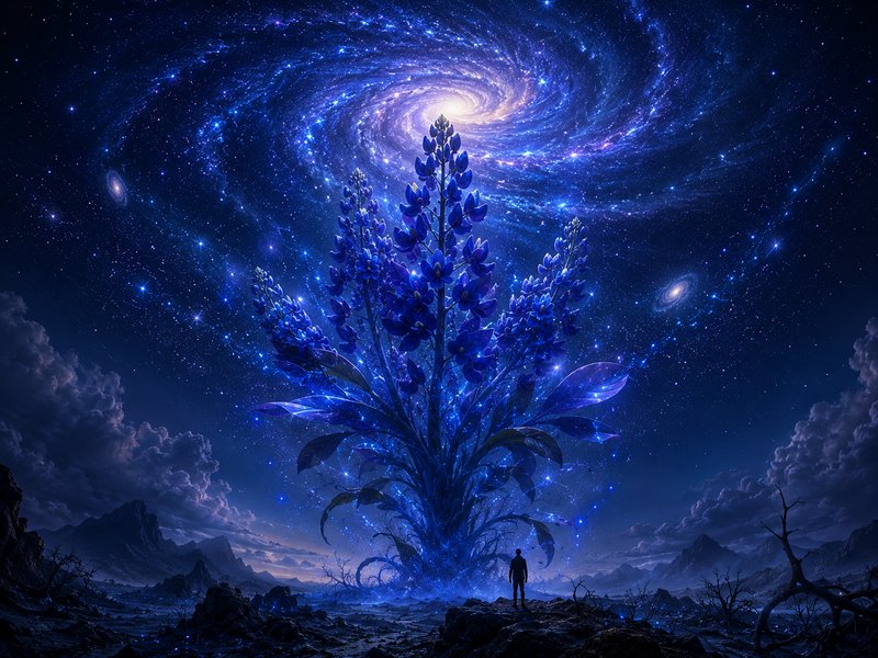 Silhouetted observer stands before a giant glowing blue alien flower beneath a swirling spiral galaxy night sky.