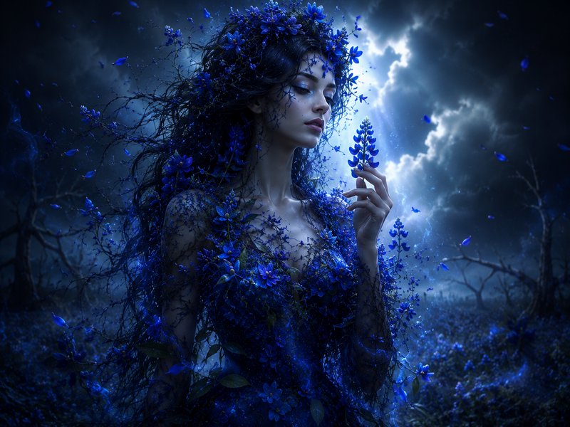 Ethereal fantasy flower goddess made of blue blooms holds a lupine in a stormy enchanted forest under glowing cloudy skies