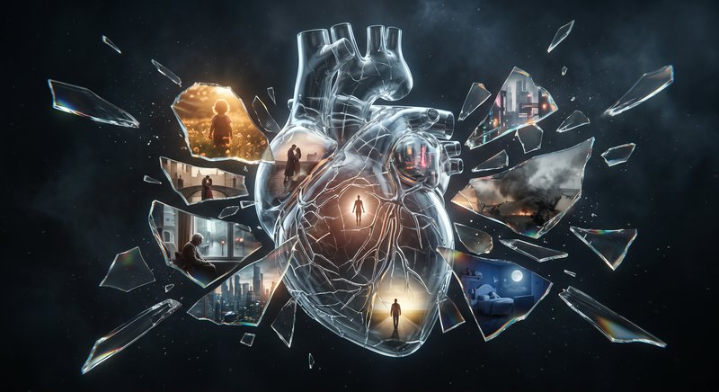 [Surreal cracked transparent glass anatomical heart surrounded by floating shattered shards holding intimate life memory s...