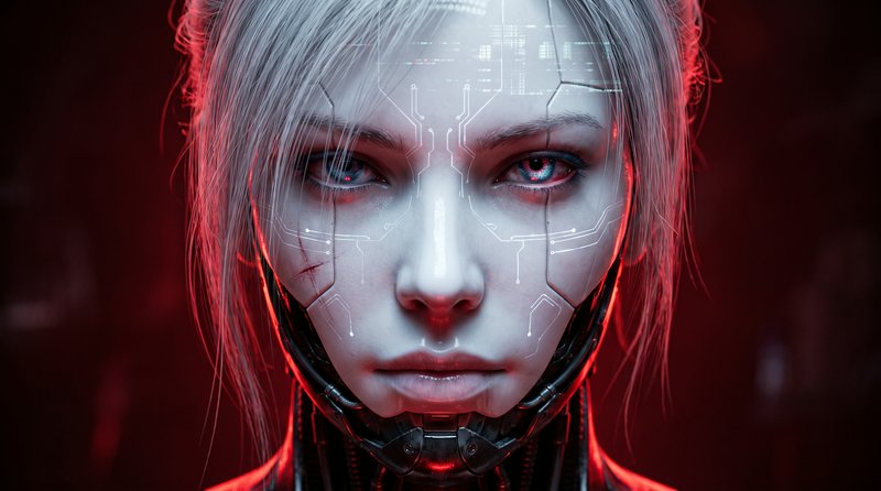 Close-up portrait of a blonde cyberpunk cyborg woman with glowing circuit facial markings, lit by dramatic red neon lighting.