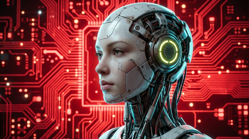 Side profile of a female humanoid android with glowing cybernetic details against a lit red circuit board background.