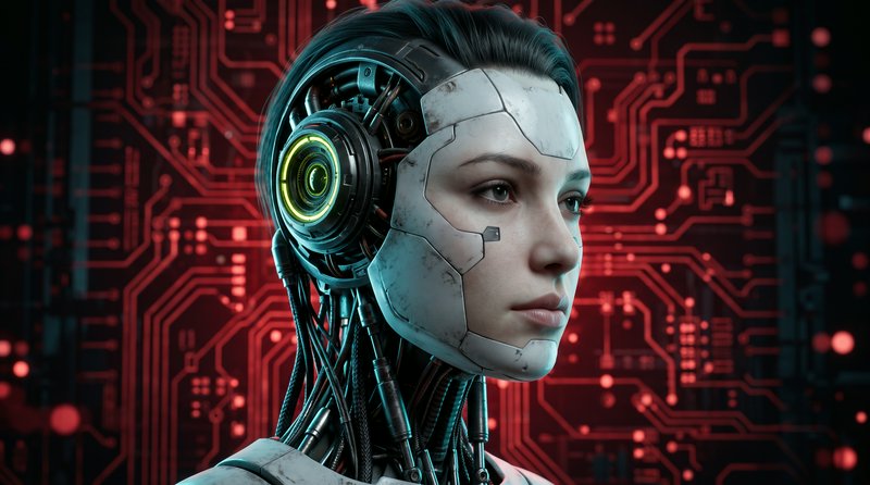 Close-up portrait of a female humanoid android with glowing cybernetic components against a lit red circuit board background.