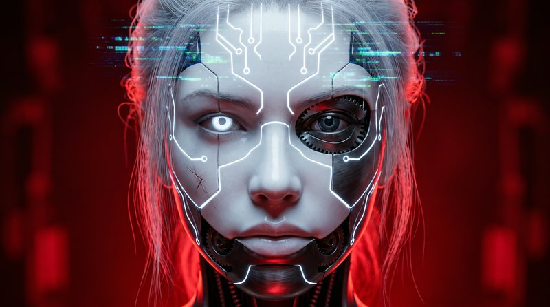 [Close-up portrait of a female cyborg android with glowing circuit facial markings, mismatched mechanical eyes, dark red c...