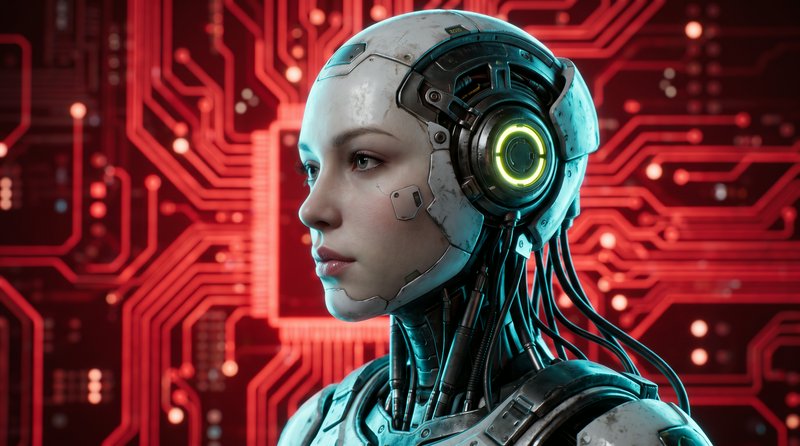 [Side profile of a realistic female humanoid android against a glowing red circuit board background]