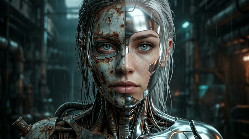 [Close-up split portrait of a female cyborg, one half rusted worn metal, the other polished chrome, rainy cyberpunk setting]