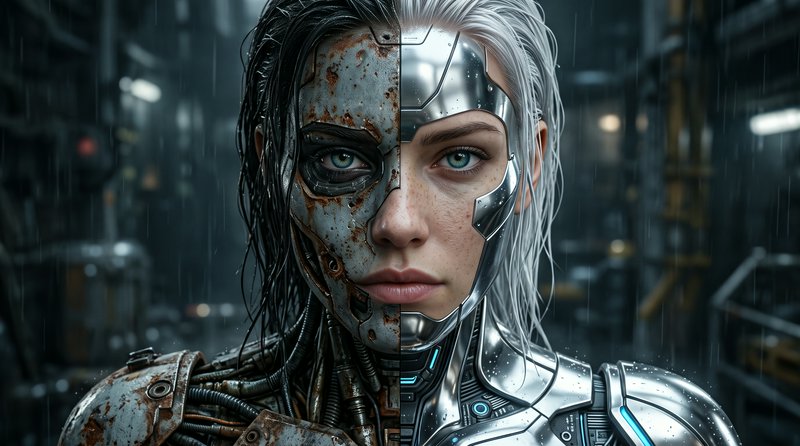 [Split portrait of a female cyborg, half rusted damaged cybernetics and half sleek polished chrome, standing in a rainy cy...