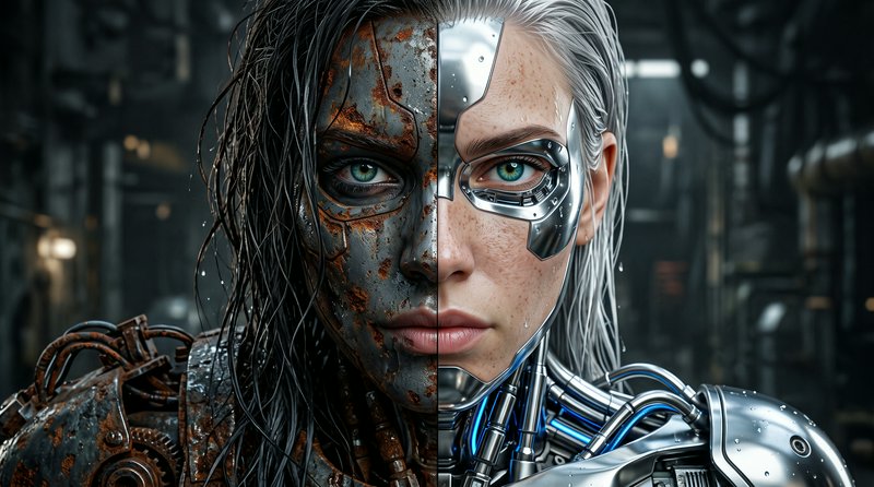 Close-up split portrait of a female cyborg, one half rusted aged metal, the other sleek polished chrome, industrial sci-fi...