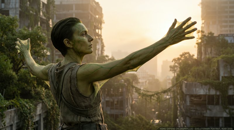 Green-skinned plant-human hybrid with outstretched arms stands over an overgrown ruined post-apocalyptic city at golden