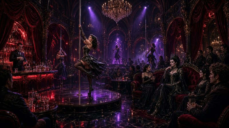 Ornate gothic cabaret club scene with pole dancers, elite guests, dramatic purple and red mood lighting