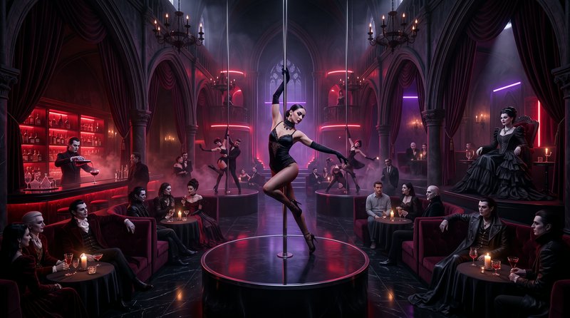 Central pole dancer performs on a round stage inside a dark gothic vampire-themed nightclub with seated party guests.