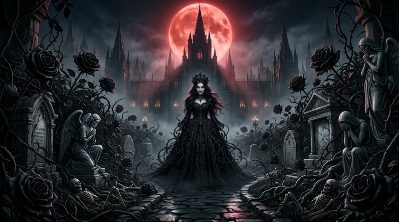 [Regal gothic queen stands in a misty graveyard beneath a glowing blood red moon, before a towering spired dark castle]
