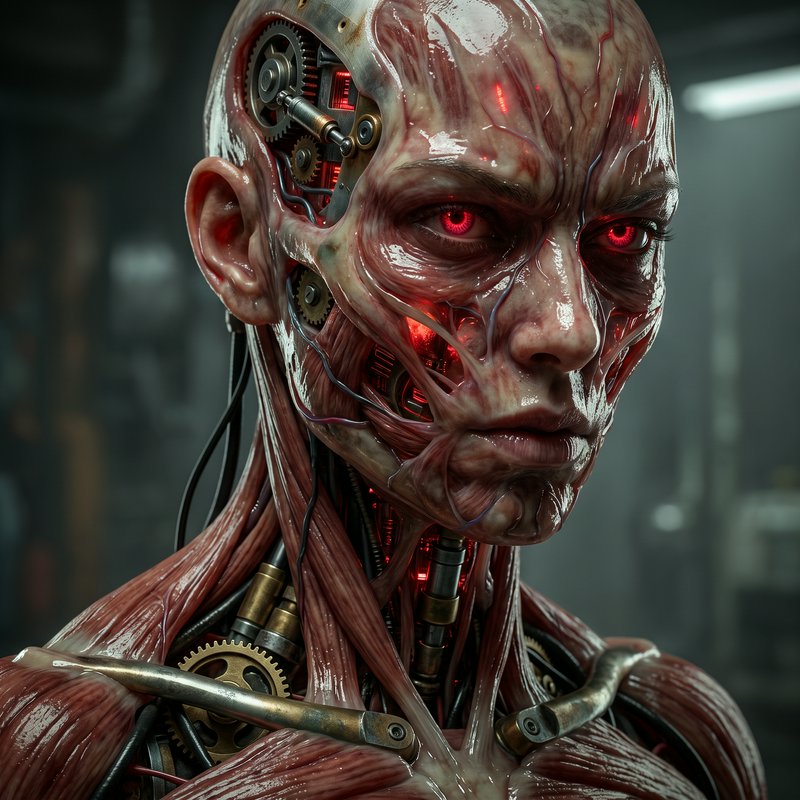 [Close-up portrait of a biomechanical cyborg with exposed glistening muscle tissue, glowing red eyes, and visible internal...