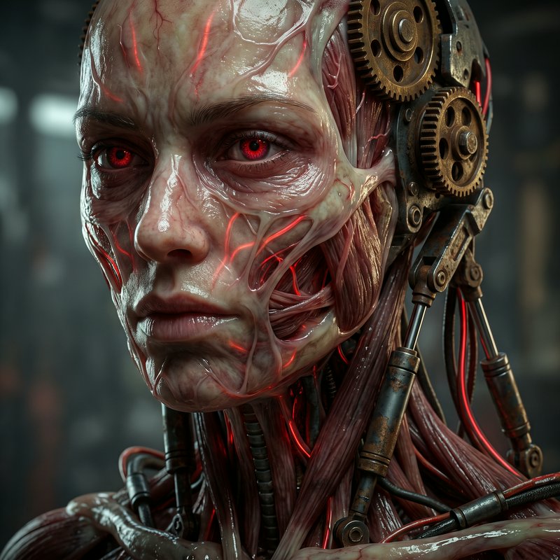 Close-up portrait of a biomechanical cyborg with glistening exposed flesh, glowing red veins, and rusted mechanical gears ...