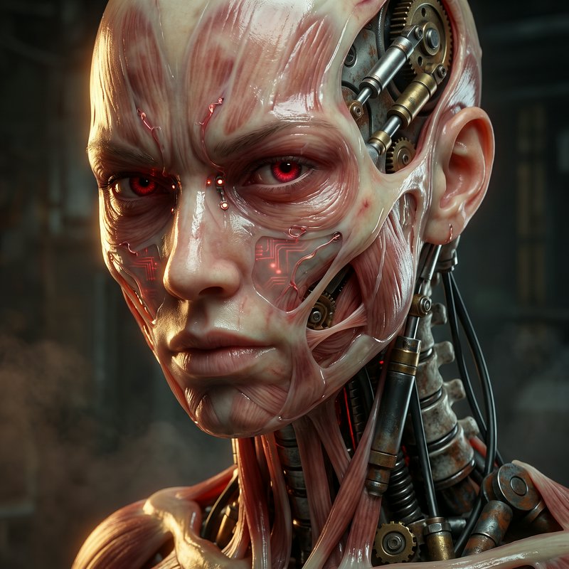Close-up portrait of a biomechanical cyborg with exposed muscle tissue, glowing red eyes, and visible internal gears and w...