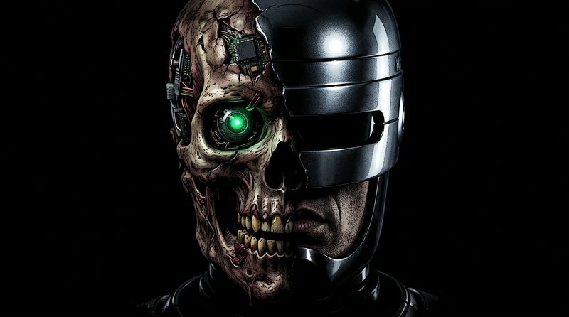 [Split hybrid cyborg portrait: half cybernetic decaying skull, half chrome RoboCop-style helmet with glowing green eye on ...